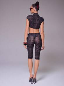 MUSERA Flocked Leopard Mesh Fitted Capri Trousers Leopard Print Cool Girl, Fall, Going Out, Sexy, Women's  Costume Elegant Party Winter - Multicolor - View 3