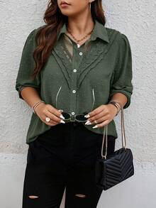 EMERY ROSE Plus Size Women's Contrast Lace Puff Sleeve Single-Breasted Casual Shirt - Army Green - View 4