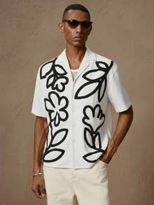 AKNOTIC AKNOTIC X Nawaf Alabid Men's Floral Embroidered Casual Slim Fit Short Sleeve Collared Button-Down Shirt, Suitable For Summer, Vacation, Daily Wear, Party, Couple, Men's Gift, Boxy Fit