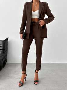 EURMUSE Women's Simple Solid Color Lapel Collar Blazer And Belted Suit Pants Set, Suitable For Work And Commute - Brown - View 1
