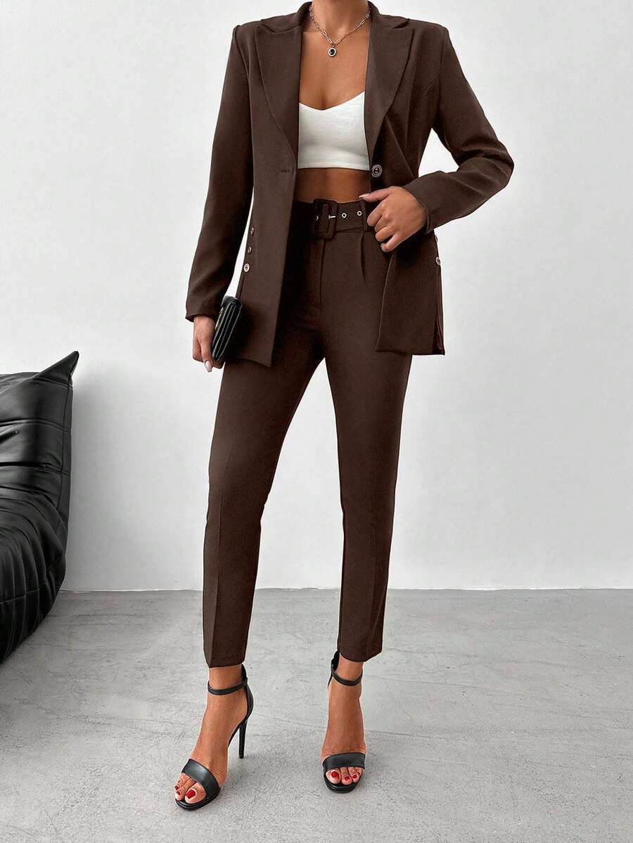 EURMUSE Women's Simple Solid Color Lapel Collar Blazer And Belted Suit Pants Set, Suitable For Work And Commute - Brown - View 1