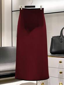 Franclia Elegant High Waist Slit Skirt, Fashionable And Slimming, Suitable For Autumn/Winter - Burgundy - View 2