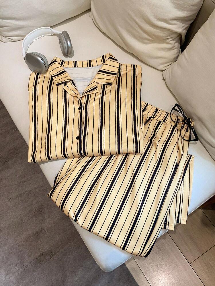 Dazy Plus 2pcs Plus Size Women Striped Loose Pajama Set, Includes Top And Pants, Yellow, Spring/Autumn Fall Winter Clothes