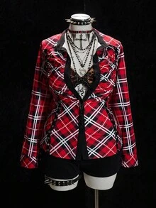 Sunspun Christmas Plus Size Women Casual Grommet Ribbon Decor Plaid Long Sleeve Shirt - Multicolor - View 5