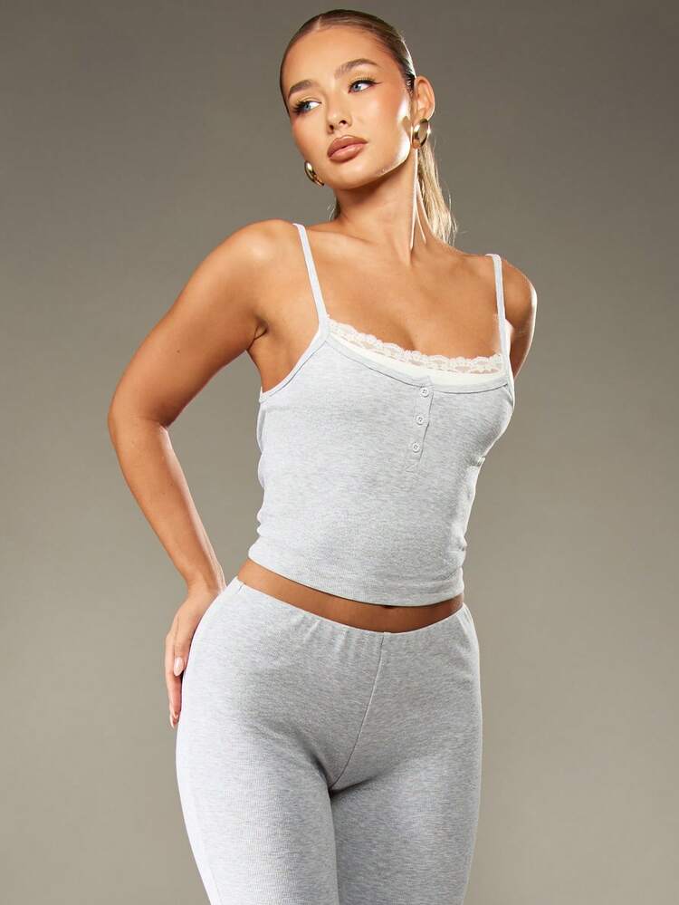 MISSGUIDED Cotton Ribbed Lace Trim Button Front Cami Top Lounge Wear Essential Slim Fitted Spaghetti Strap Tank Top Classic Casual Basic Layering Piece
