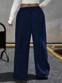 SHEIN EZwear Plus Size Women Solid Color Drawstring Waist Wide Leg Loose Casual Pants, Autumn/Winter - Navy Blue - View 2