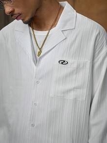 AXEPEAK 男士口袋设计波浪条纹长袖休闲衬衫，秋季款 - 米色 - 查看 6