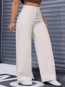SHEIN ICON Plus Size Women Casual Loose Wide Leg Solid Color Button Jeans - Apricot - View 6