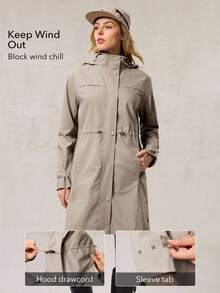 OutZeal 女式防水抽绳腰侧口袋长款户外夹克徒步露营秋冬 - 卡其色 - 查看 3