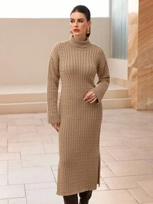 Modelyn Women's Elegant Twist Rope High Neck Sweater Dress, Casual Style - Apricot - View 3