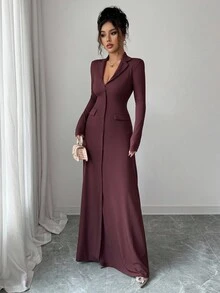 SHEIN Elenzya 女式标准尺码纯色罗纹修身优雅针织连衣裙，秋冬 - 咖啡 - 查看 4