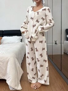 SHEIN 泡泡雪纺小熊印花V领上衣长裤睡衣套装，泰迪熊睡衣套装，咖啡色睡衣，秋冬两件套睡衣套装 - 杏色 - 查看 6