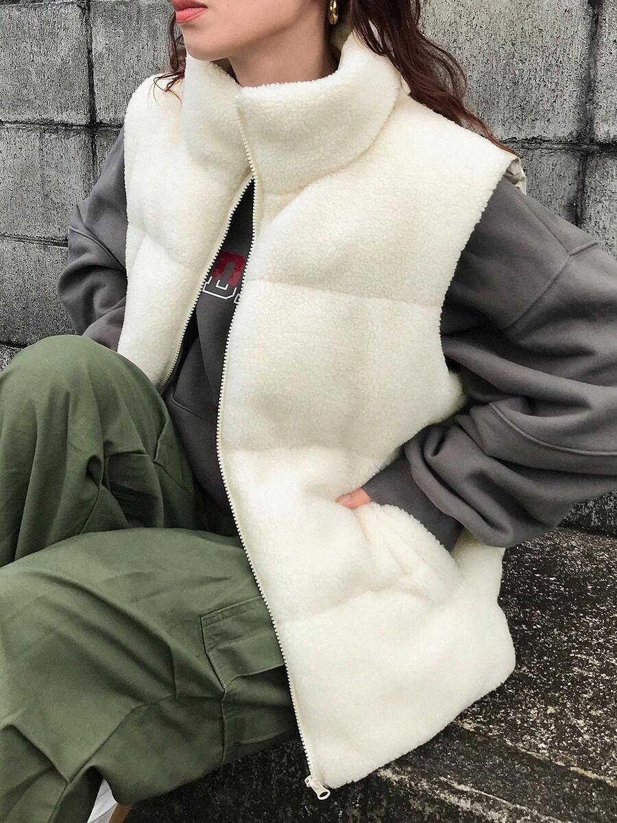 FRIFUL 女士白色纯色羊羔绒领无袖绗缝背心外套，秋季女装外套 - 杏色 - 查看 1