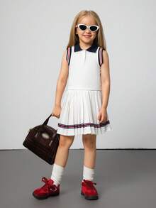 Hanevo مجموعة فتاة من ملابس علوية كنزة بياقة على شكل V مزر وتنورة قصيرة منسدلة 2 قطعة/طقم ، مناسب للمدرسة والخروجات ، لجميع المناسبات والاستخدام اليومي ، مناسب للصيف