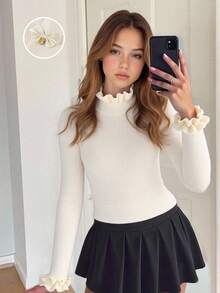 SHEIN Tween Girls' Cute Apricot Casual Versatile Long Sleeve Knit Sweater, Autumn/Winter Fall - Apricot - View 1