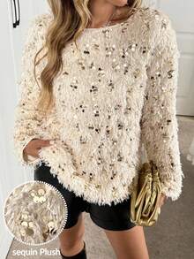 Easowa Cream White,Autumn,Elegant,Dining Women's Fluffy Sequin Pullover Sweatshirt,Round Neck Long Sleeve Loose Gold Top For Party,Halloween & Christmas - Apricot - View 1