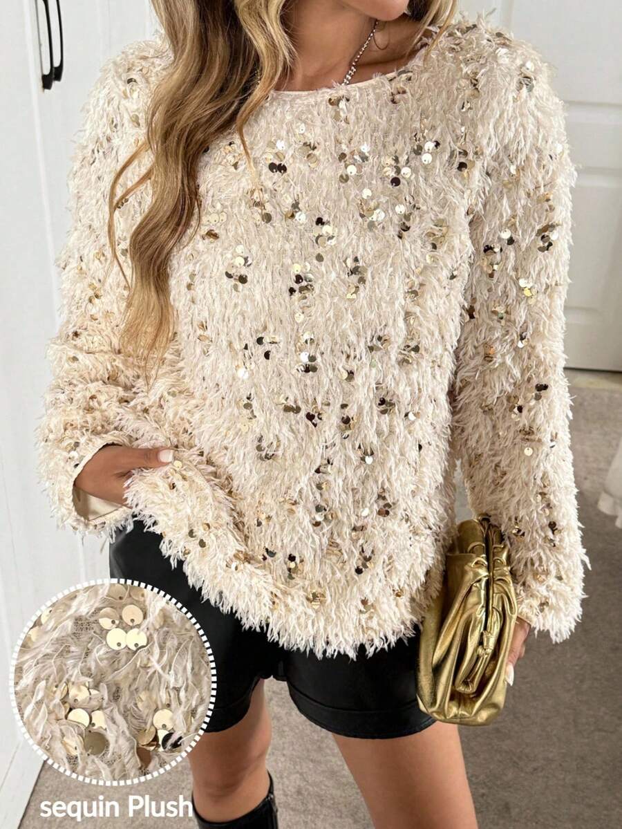 Easowa Cream White,Autumn,Elegant,Dining Women's Fluffy Sequin Pullover Sweatshirt,Round Neck Long Sleeve Loose Gold Top For Party,Halloween & Christmas - Apricot - View 1