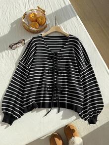 SHEIN Comfortcana 大码女式休闲条纹系带宽松开衫，秋冬 - 黑與白 - 查看 3