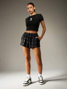 Missguided x Playboy Drawstring Graphic Print Loungewear Shorts With Pockets All Over Bunny Logo Pattern Elastic Waist Casual Summer Leisure Wear