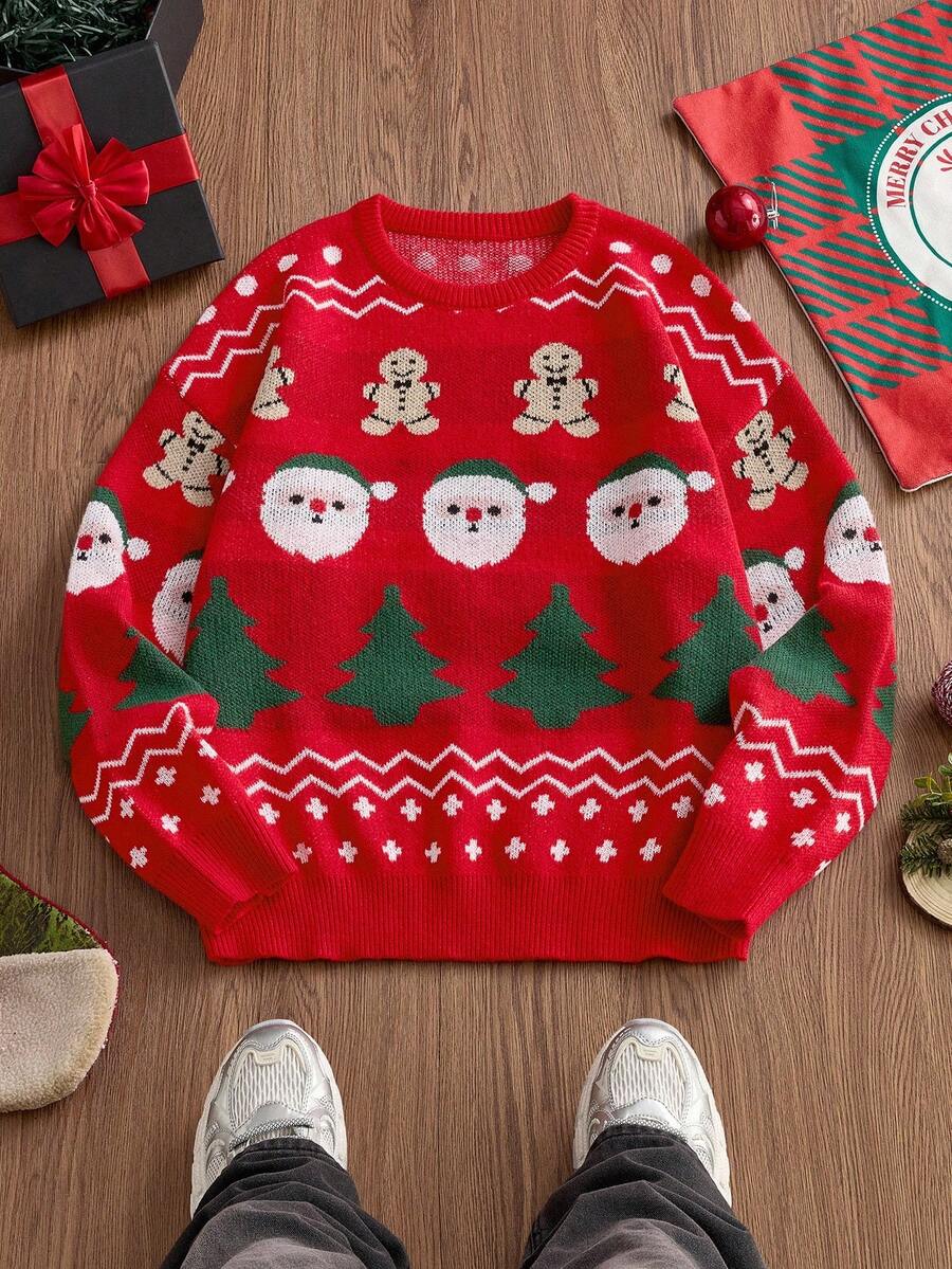 SWAVVY Men's Santa Claus & Gingerbread Man Pattern Crew Neck Loose Fit Casual Sweater, Autumn/Winter, Christmas