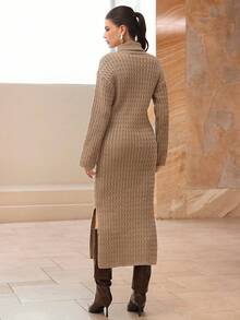 Modelyn Women's Elegant Twist Rope High Neck Sweater Dress, Casual Style - Apricot - View 5