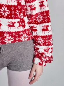 ROMWE Avant Christmas Reversible Fleece Snowflake & Deer Graphic Hoodie - Multicolor - View 7