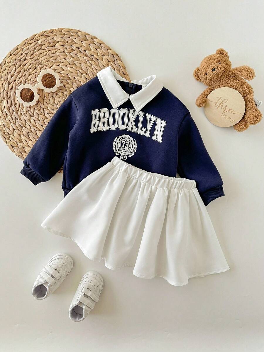 SHEIN Babygirl Cute Versatile Letter Pattern Collar Sweatshirt & Mini Skirt Set, Autumn/Winter