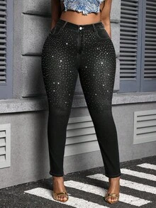 SHEIN Lady Plus Size Rhinestone Embellished Skinny Stretch Denim 7/8 Leggings, Blue - Black - View 5