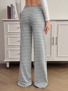 SHEIN Tall 女士低腰条纹磨毛抽绳瑜伽休闲阔腿裤，秋冬季，女士冬季，女士感恩节，女士休闲，灰色休闲条纹裤 - 白色 - 查看 2