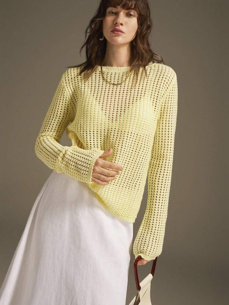 Wool Material 2025 Modern Urban Style Women's Loose Knit Sweater, Wool Blend, Scoop Neck, Long Sleeve, Hollow-Out Texture, Basic Design, Oversized Fit, Casual Wear, Business Casual, Commuter, Daily, Autumn High-End, Elegant, Old-Fashioned Cruise Modern Urban Casual Fashion Business Casual Women's Office Wear Low-Key Old Money Style Effortless Temperament High-End Urban Commuting High-Quality Airport Women's Wear High-End Material