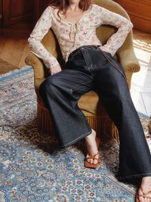 SHEIN Unity Mid-Rise Wide Leg Jeans In Dark Cotton Denim Office Outfits For Women Teacher Outfits Going Outfits Autumn Winter - Dark Wash - View 6