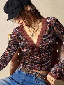 Bohemela 女式休闲度假V领长袖针织上衣 - 藍色 - 查看 5