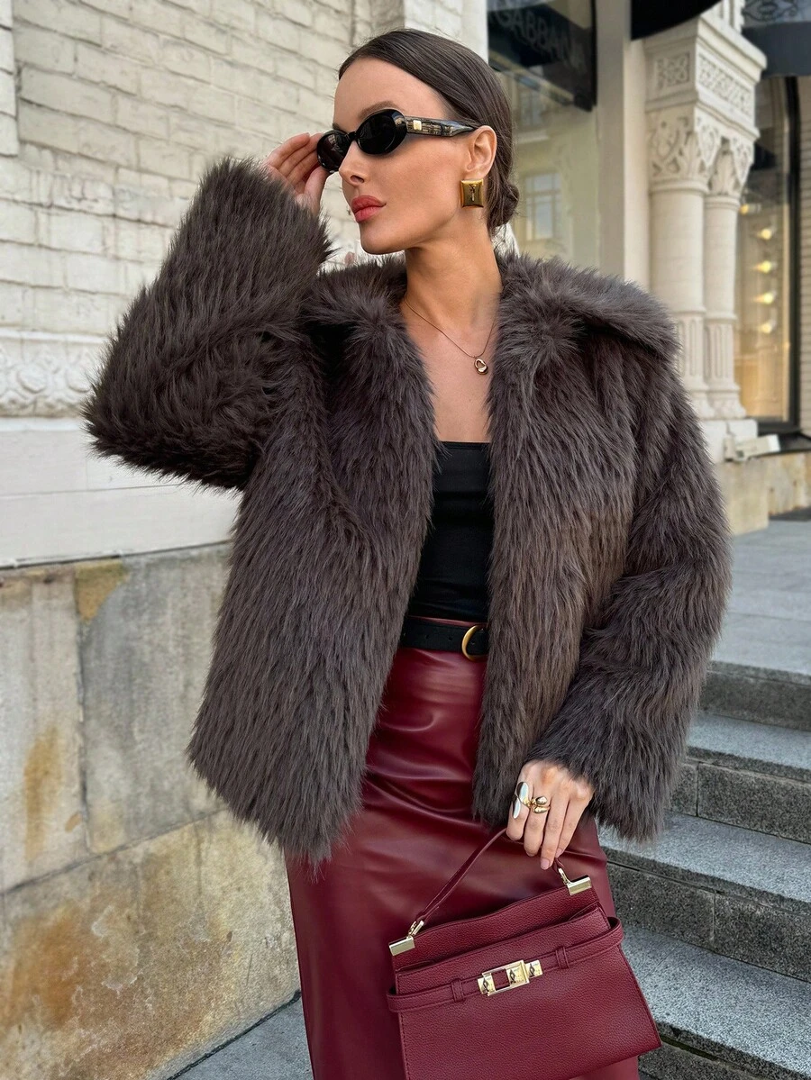 Lavishia Faux Fur Mocha Brown Lapel Coat, Fashionable, Elegant And Sexy Fall Winter New Year Christmas Elegant - Brown - View 1