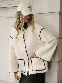 SHEIN Clasi 女款優雅秋冬百搭寬鬆羊羔毛撞色刺繡飾邊經典夾克 - 杏色 - 查看 5