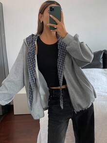 Livesso 2 Stück/Set Damen Karomuster Sweatshirt mit Kapuze & Schal, locker geschnitten Business Lässig Büromode, warm für Herbst/Winter