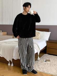 DAZY Men's Thermal Lined Black Top And Striped Pants Pajama Set, Autumn/Winter, Fall Clothes, Fluffy, Cozy