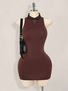 SHEIN ICON Váy ngắn hở lưng gợi cảm, đơn sắc, dáng chữ thập - màu nâu - Xem 2