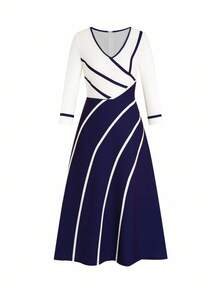 Ellevyn Vestido elegante de uso diario con cuello en V y contraste de color