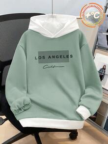 SHEIN 青少年男童休闲拼接撞色卫衣，灰色和藏蓝色，英文印花，保暖内衬，百搭日常穿着，秋冬款 - 薄荷綠 - 查看 7