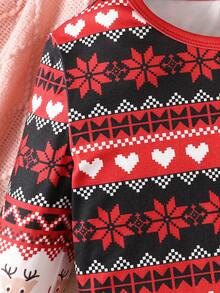 SHEIN Conjunto de pijama de 2 piezas con camiseta de manga larga de cuello redondo y pantalones para niña preadolescente, con estampado de dibujos animados, ajuste ceñido, suave y cómodo, a juego con mamá (se venden 3 conjuntos por separado) - Albaricoque - Ver 5