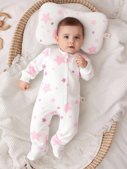 Cozy Pixies 2pcs Newborn Infant Star Print Knit Soft Round Neck Long Sleeve Footie Pajamas With Pillow, Casual Versatile, Suitable For Spring, Autumn, Winter, Newborn Gift, Party, Everyday Wear Newborn Pajamas Stars Fall