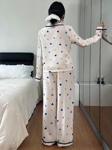 Dream Adore 女士彩色爱心印花撞色翻领长袖上衣和裤子睡衣套装，秋冬服装 - 彩色 - 查看 4