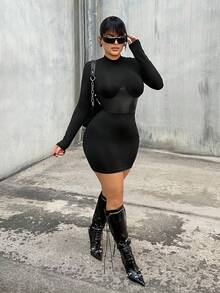 SHEIN SXY Plus Size Women's New Arrival Black Stand Collar Waist PU Splice Long Sleeve Bodycon Mini Dress, Autumn/Winter