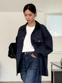 DAZY Women's Suede Jacket With PU Leather Collar, Loose Fit Long Sleeve Casual Jacket Women Coats - Navy Blue - View 2