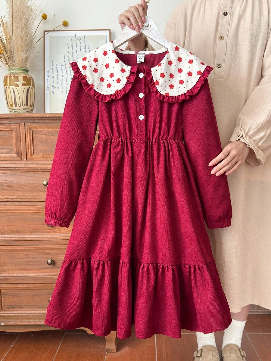 SHEIN Mädchen süßes rotes Blume Muster Kleid mit Peter-Pan-Kragen und Langarm, frischer Landhausstil mit Tailleneinsatz, süß und lebhaft, geeignet für den täglichen Gebrauch, Geburtstagsparty, Treffen mit Freunden, Schulveranstaltungen - Rot - Übersicht 1