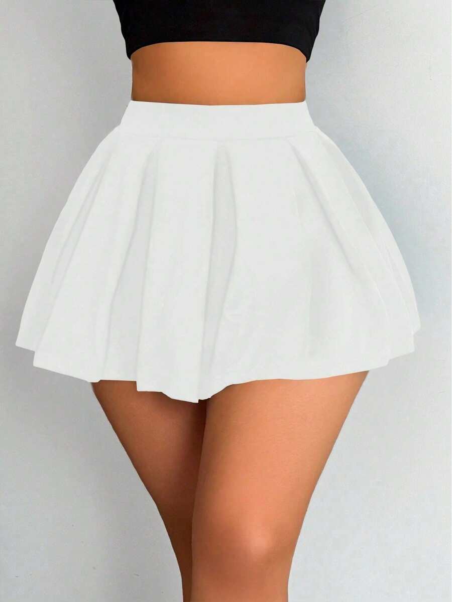SHEIN PETITE 女士纯色休闲运动百褶返校网球裙，校园装 - 白色 - 查看 1