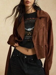 Easelle Women's Vintage Dark Brown Front Button Stand Collar Woven Jacket, Autumn Winter Clothes For Women - Brown - View 7