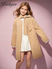 Tween Girl Casual Loose Fit Button-Up Long Sleeve Twist Collar Jacket, Autumn Fall Winter - Khaki - View 5
