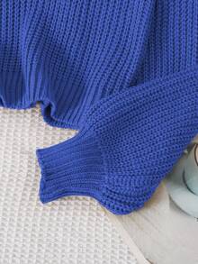 SHEIN Tween Girls' Solid Color Long Sleeve Casual Cropped Pullover Sweater, Autumn Blue Sweater Cropped Sweater Blue Clothes Teen Cropped Blue Sweater Blue Knit Sweater Summer Clothes For Teens Sweater Blue And White Set Teen With Sweater Pastel - Blue - View 3