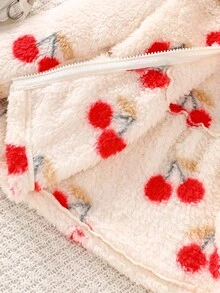 2 pièces/Set Nouveau Bébé Fille Hiver 2025 Cardigan à capuche zippé avec imprimé cerise en fausse fourrure et Top moelleux & Pantalon de couleur unie décontracté - Multicolore - Voir 9